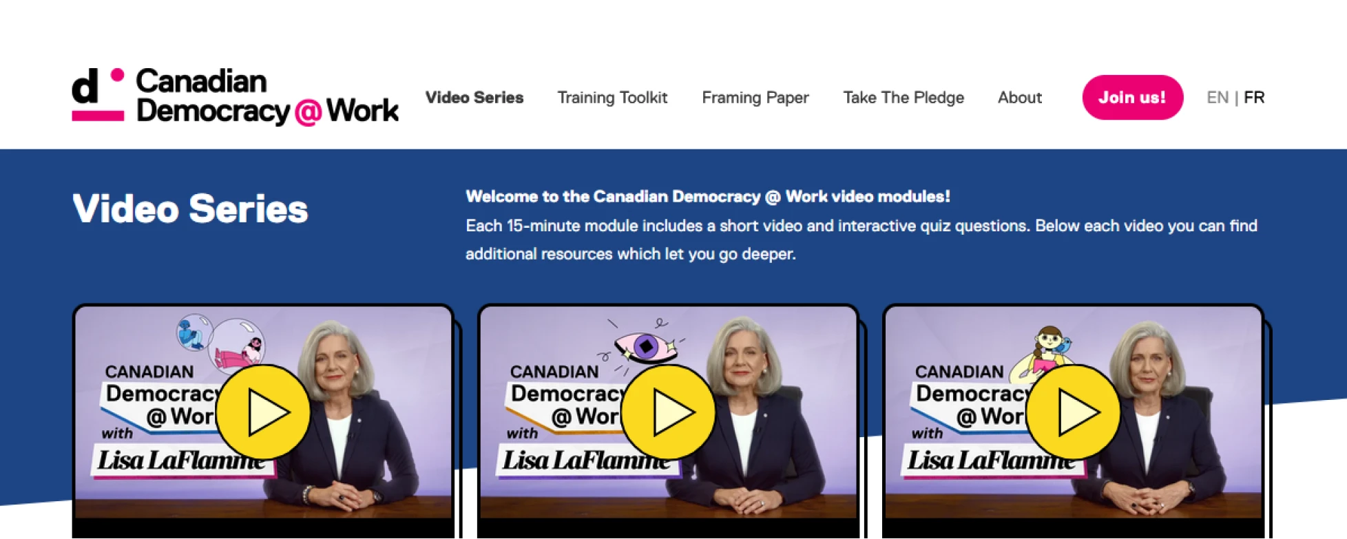 Canadian Democracy @ Work video series page with three video modules