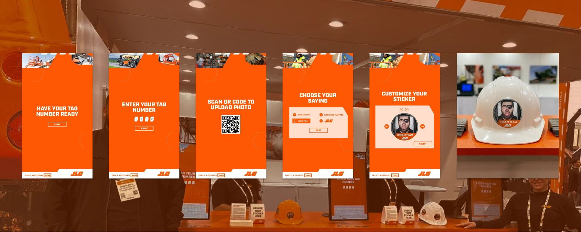 JLG sticker kiosk screens and a finished sticker on a hard hat